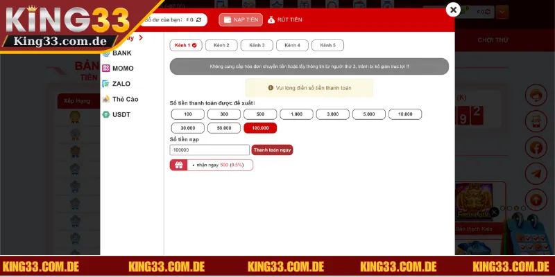 Chi tiết cách thức thực hiện giao dịch tại KING33 bước bước đơn giản